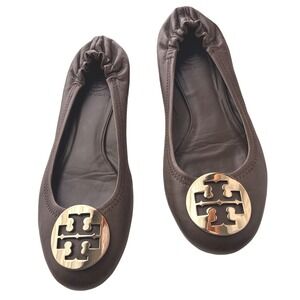 Tory Burch Reva Ballet Flats Brown Leather Gold Logo Size 7